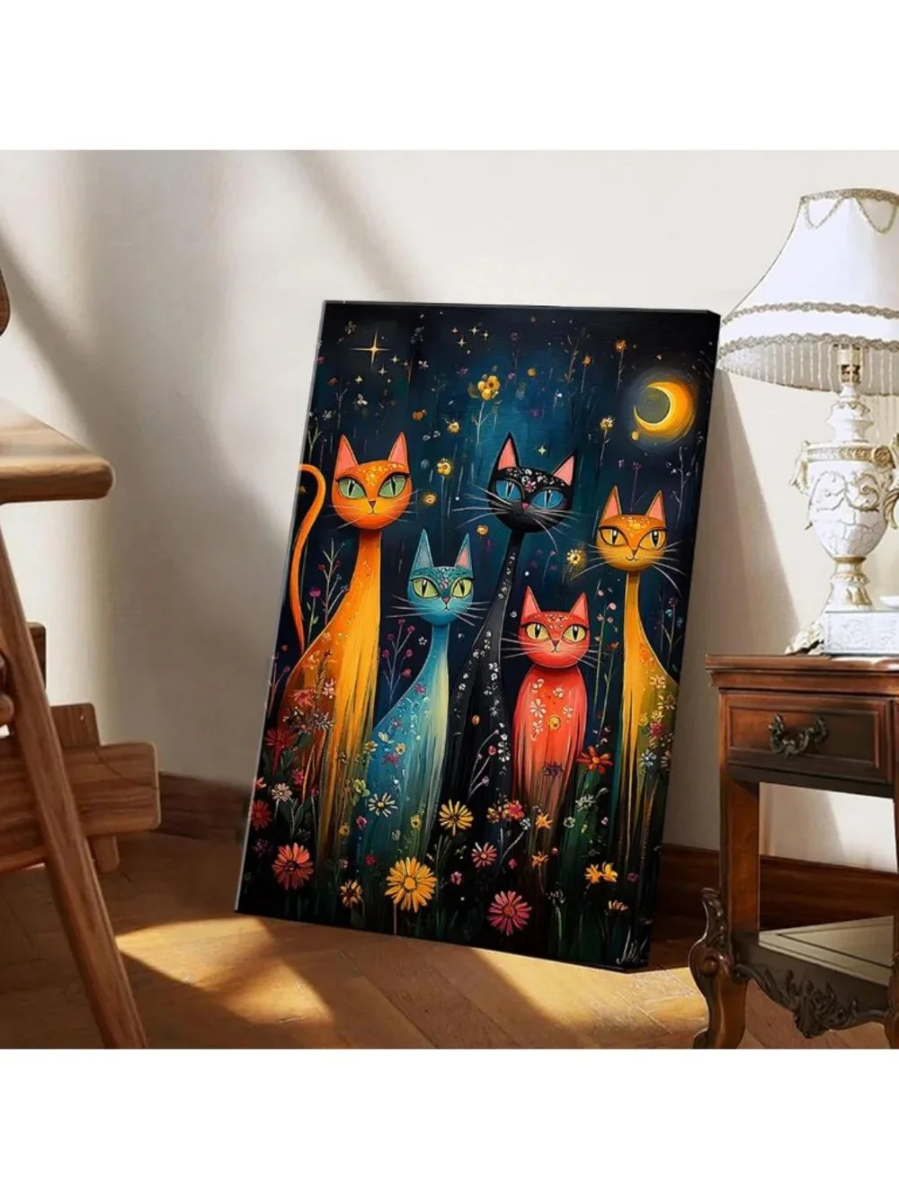 Colorful Cat Canvas Wall Art - Mystical Night Sky Decor for Bedroom & Dorm